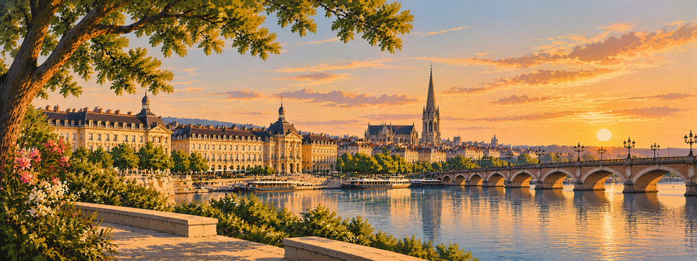 Illustrated Bordeaux Garonne riverfront at sunset