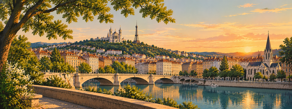 Illustrated Lyon riverside and Fourviere at sunset