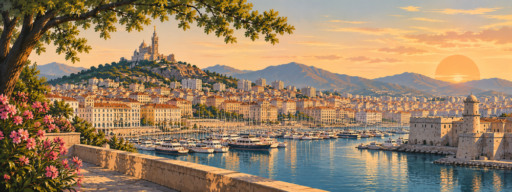 Illustrated Marseille harbor and Notre-Dame de la Garde banner