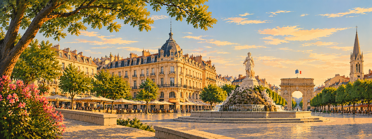 Illustrated Montpellier city square at golden hour