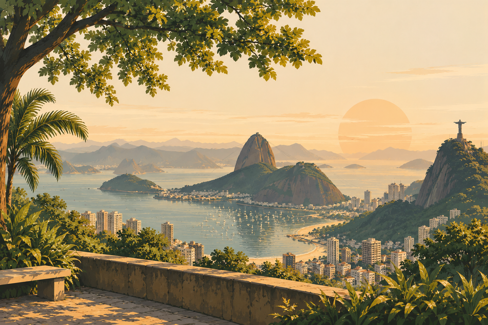 Warm illustrated landscape of Rio de Janeiro for AltinhaLife community
